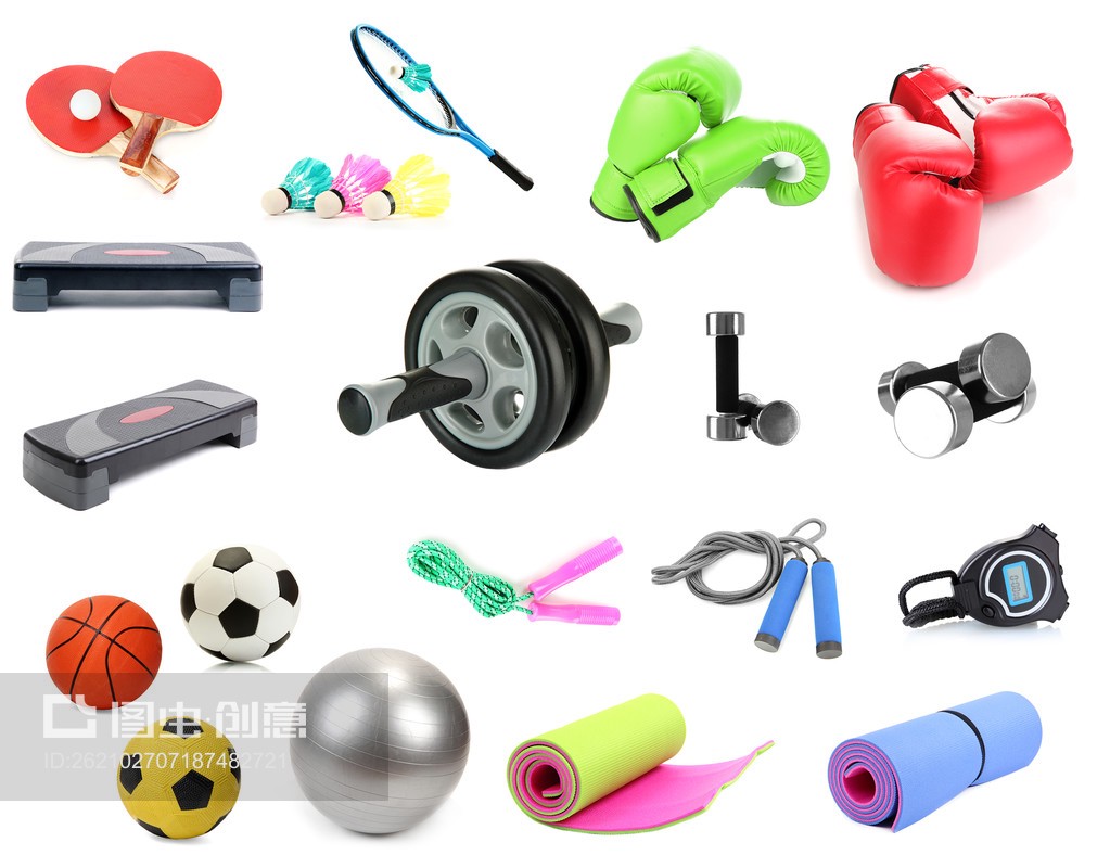 运动器材拼贴在白色上隔离Sports equipment collage isolated on white